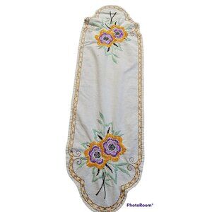 Handcrafted Tablerunner Dresser Scarf Embroidered Flowers Edgework Orange Purple